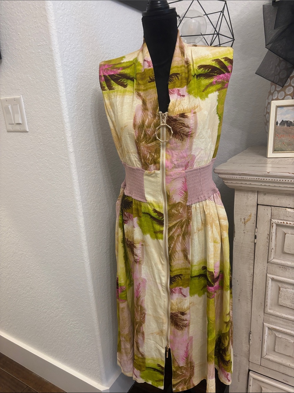 Badgley Mischka Cream Floral Palm-Print Midi Dress with Pink & Green Accents